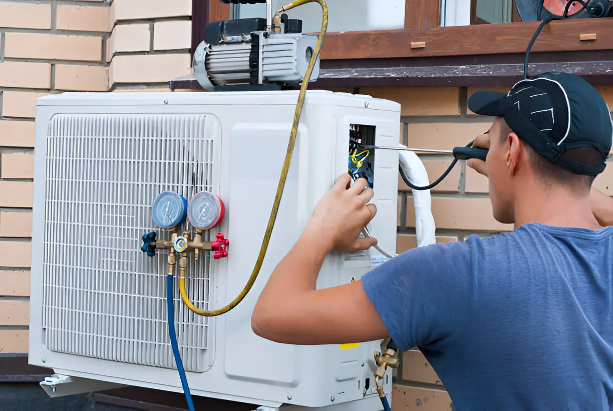 Experienced HVAC technician from a local air conditioning contractor working on a rooftop AC unit in Los Angeles